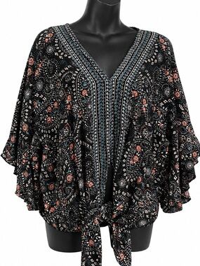 Floral V-Neck Tie-Knot Front Blouse featuring batwing short sleeves large